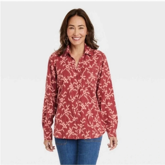 ✨NWT Target Knox Rose Burgundy Hibiscus Print Button Front Shirt Plus Size XXL - Picture 3 of 12